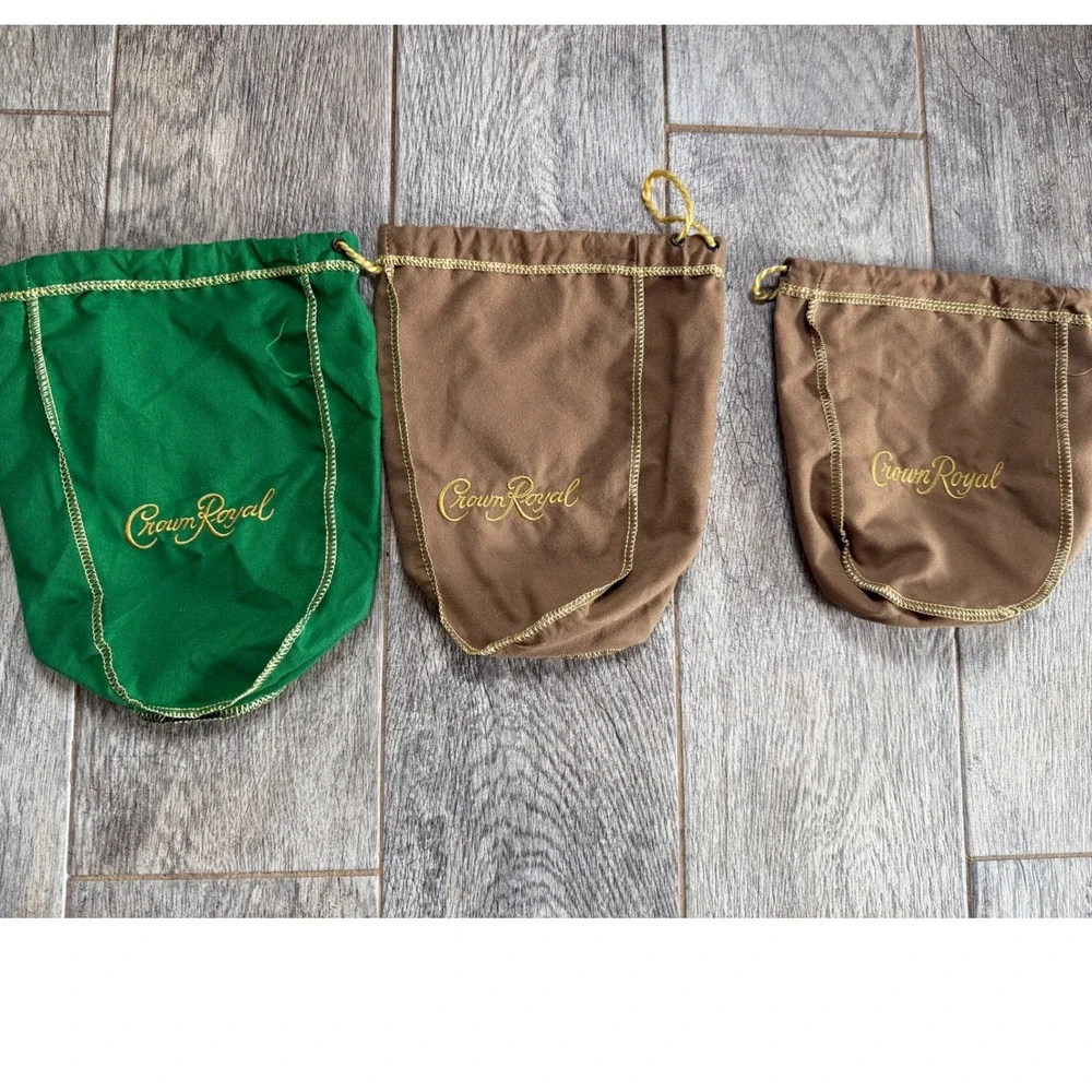 Crown Royal Drawstring‎ Bags Set of 3 Green Tan Embroidered Pouches Gift Sack